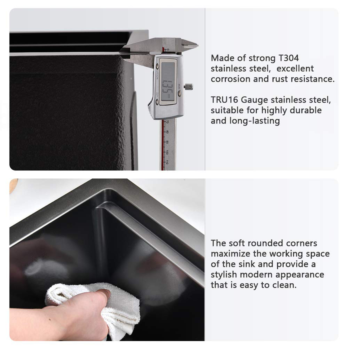 Évier de cuisine en acier inoxydable 304 fait à la main de 32 pouces en acier inoxydable noir PVD avec rebord